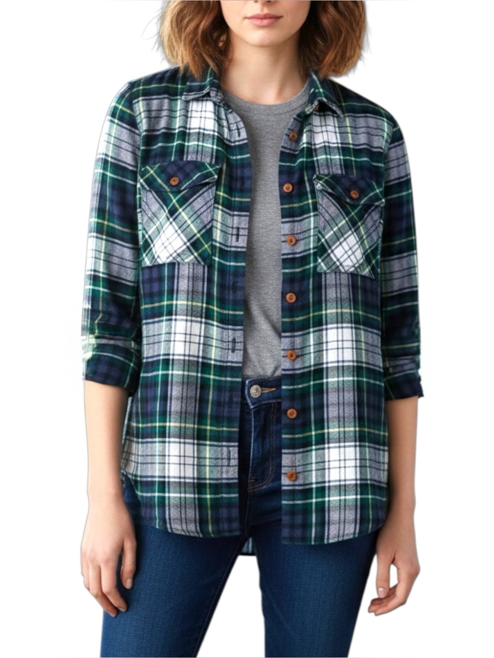 J. Crew Sz 6 Ridge Plaid Green Navy Flannel Button-Down Long Sleeve Shirt Fall